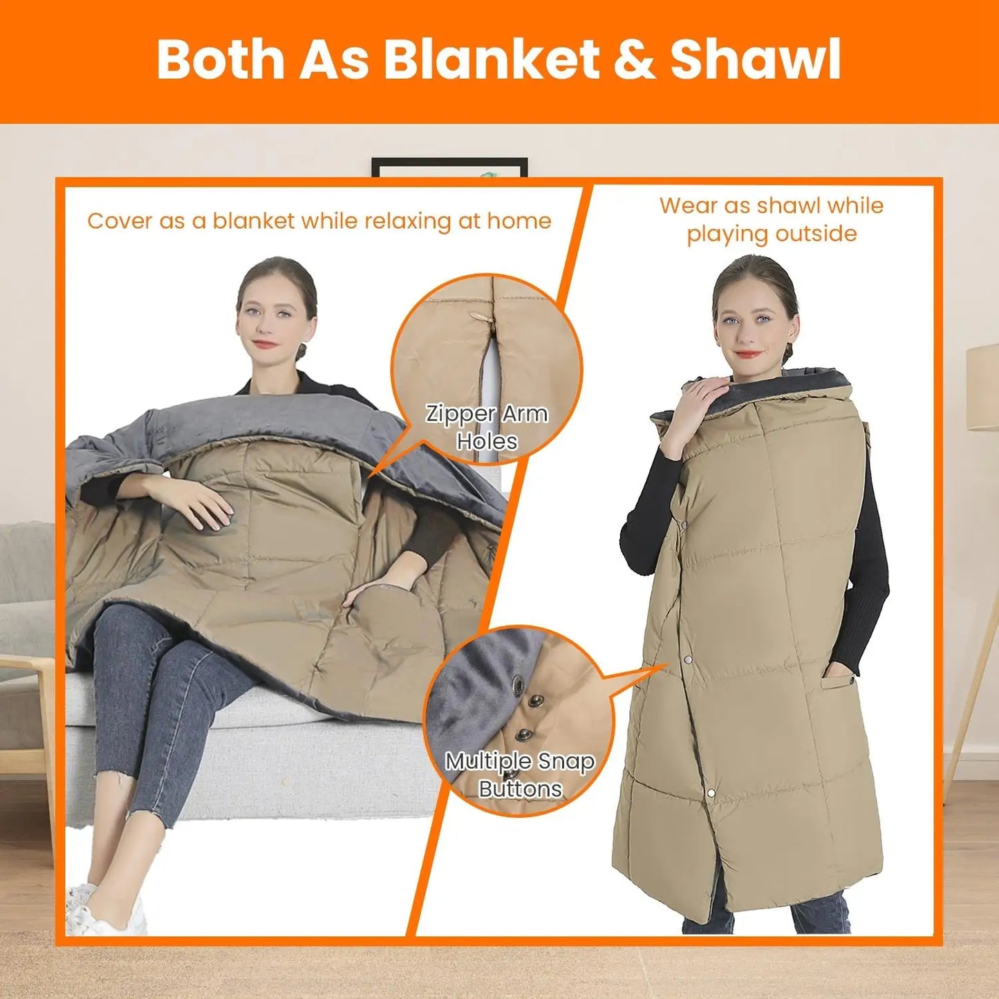 USB Heated Blanket Poncho with Zipper, Arm Pockets