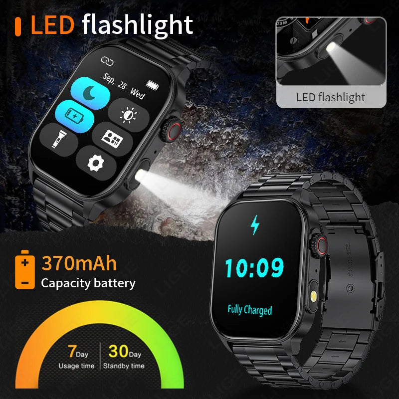 Waterproof Smartwatch 2.01'' Screen LED Bluetooth Flashlight Health Monitor