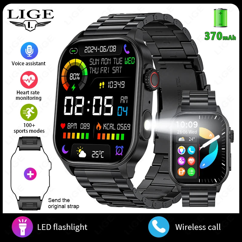 Waterproof Smartwatch 2.01'' Screen LED Bluetooth Flashlight Health Monitor
