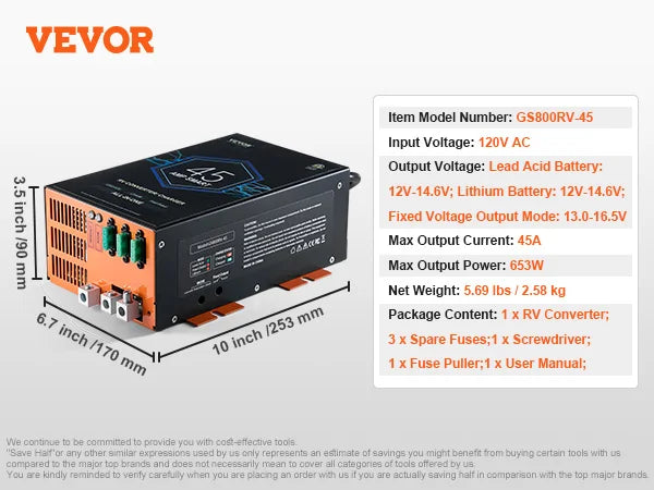RV Converter 110V AC to 12VDC 4Stage Smart Charging 13V to 16.5V