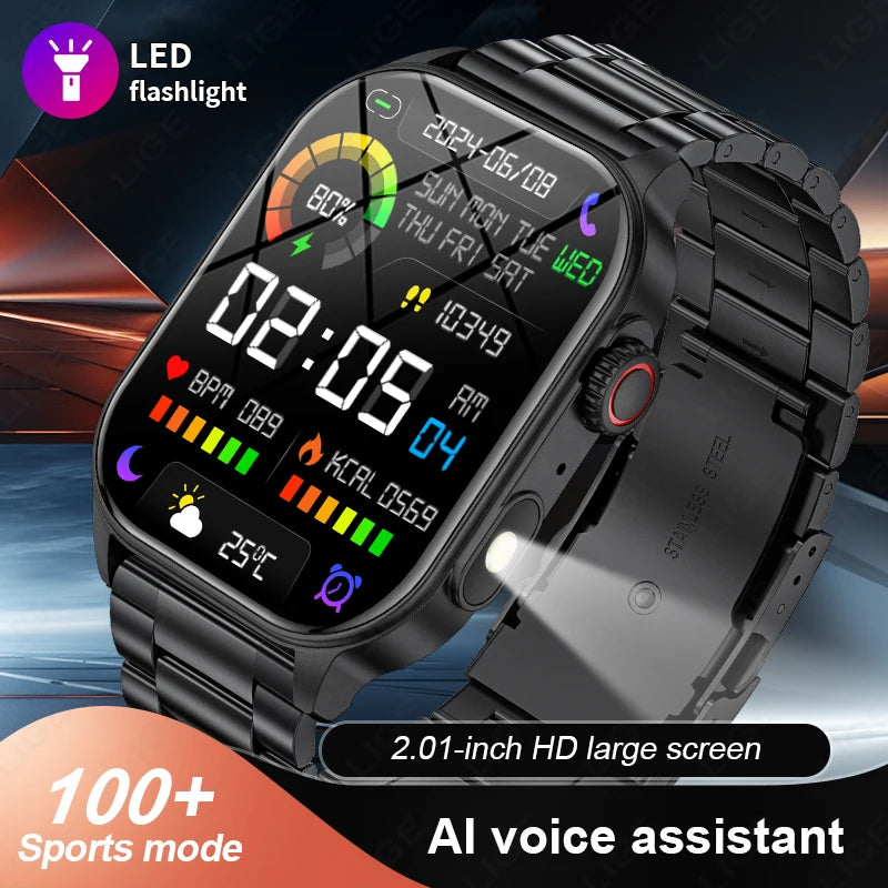 Waterproof Smartwatch 2.01'' Screen LED Bluetooth Flashlight Health Monitor