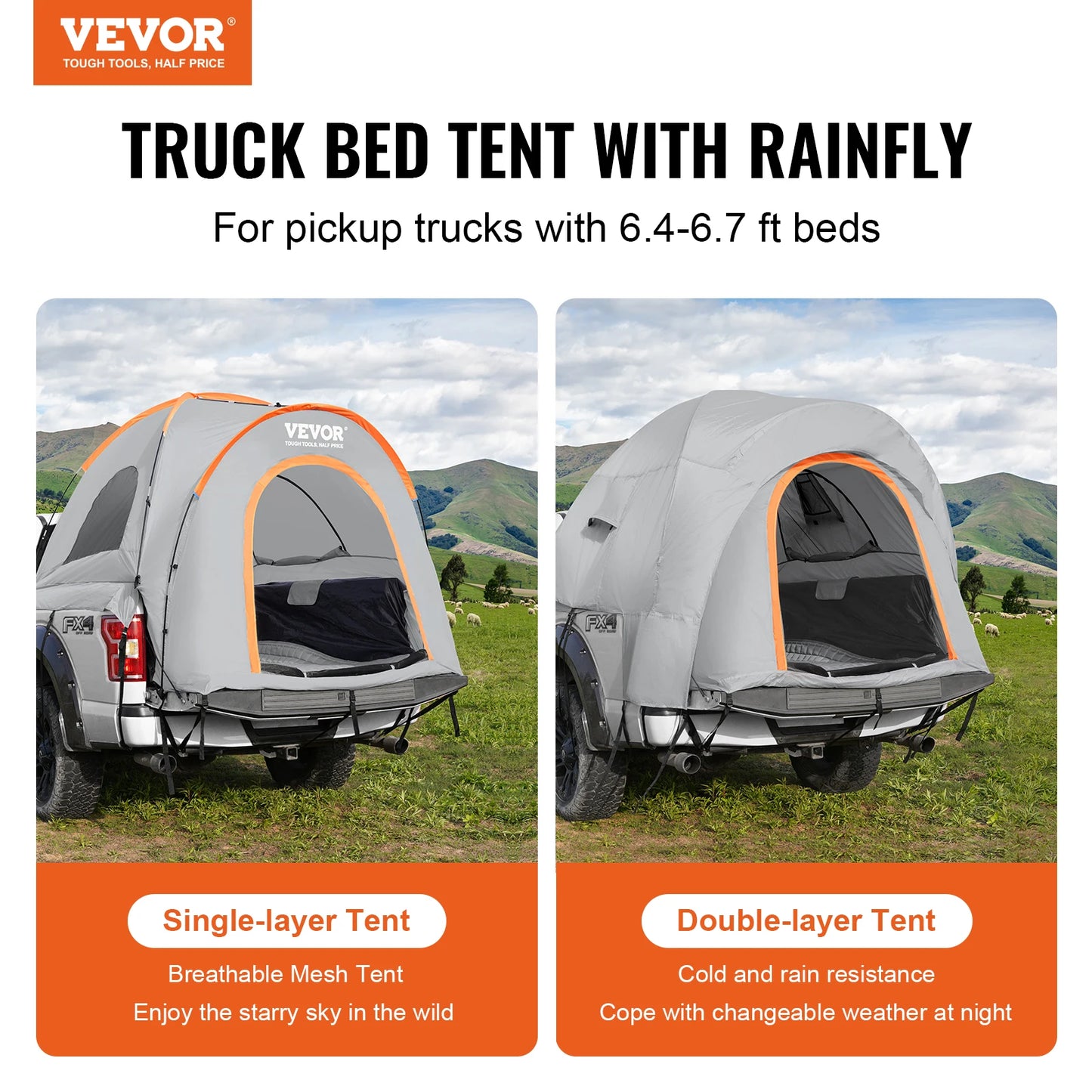 Waterproof Double Layer Truck Bed Tent with Rain Layer 6.4-6.7'/5.5-6'