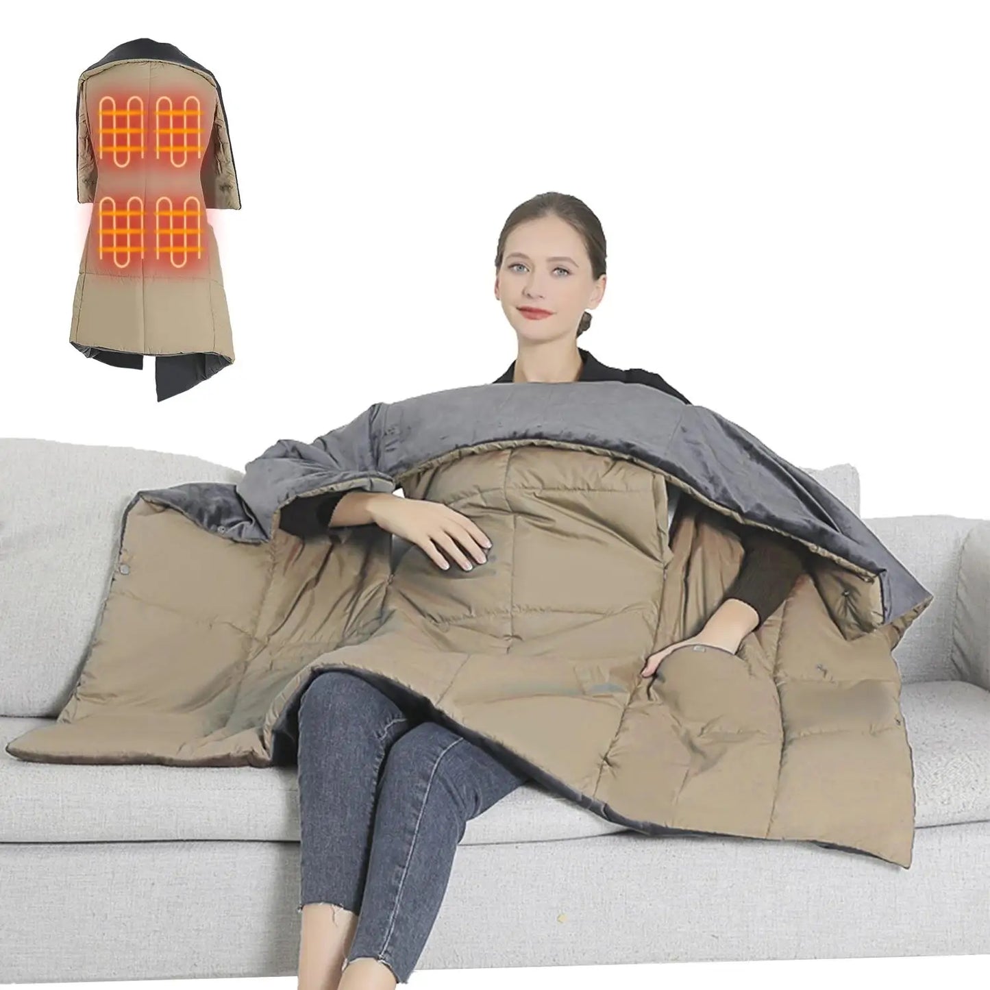 USB Heated Blanket Poncho with Zipper, Arm Pockets