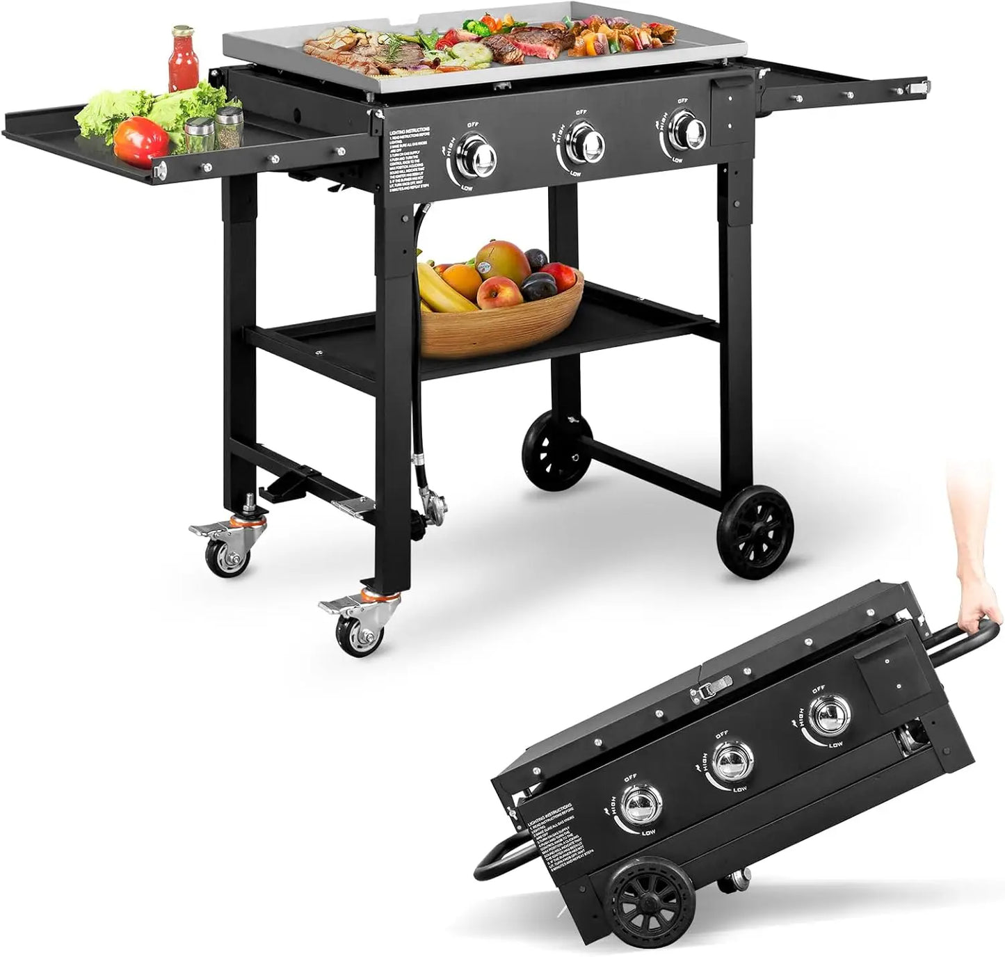 3 Burner Portable Outdoor Griddle Station with Folding Legs