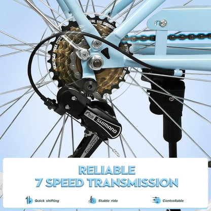 26 Inch Folding 7-Speed Ladies Beach Cruiser Bike with Basket & Rack