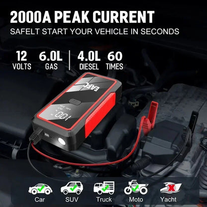 2000A Portable 12V Car Jump Starter with LED Light