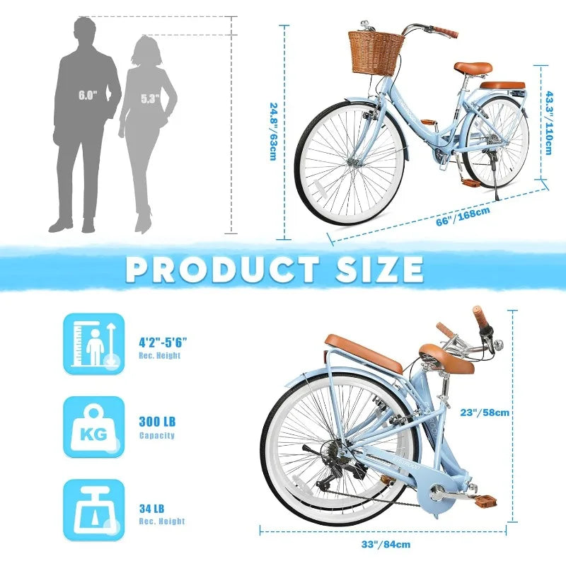 26 Inch Folding 7-Speed Ladies Beach Cruiser Bike with Basket & Rack