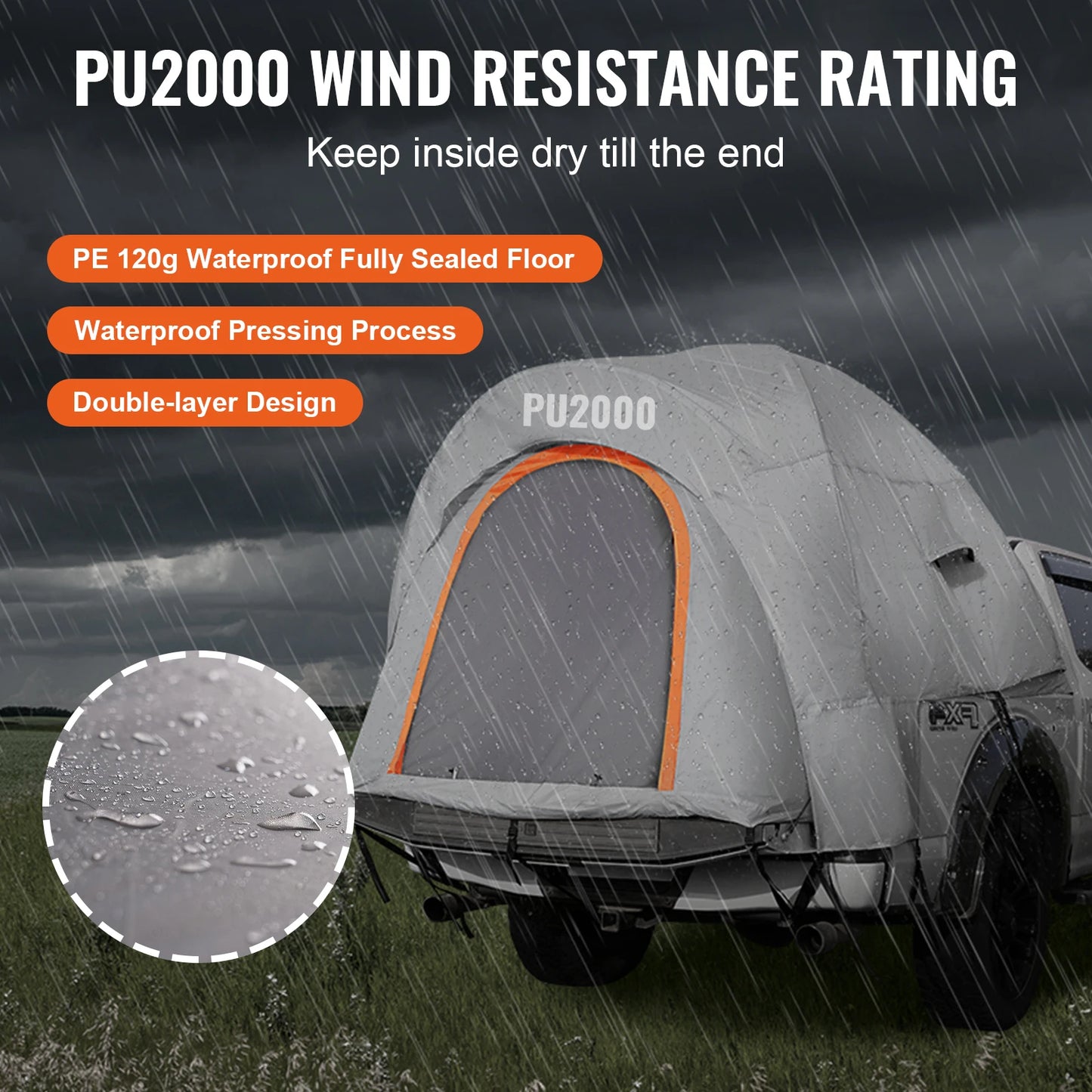 Waterproof Double Layer Truck Bed Tent with Rain Layer 6.4-6.7'/5.5-6'