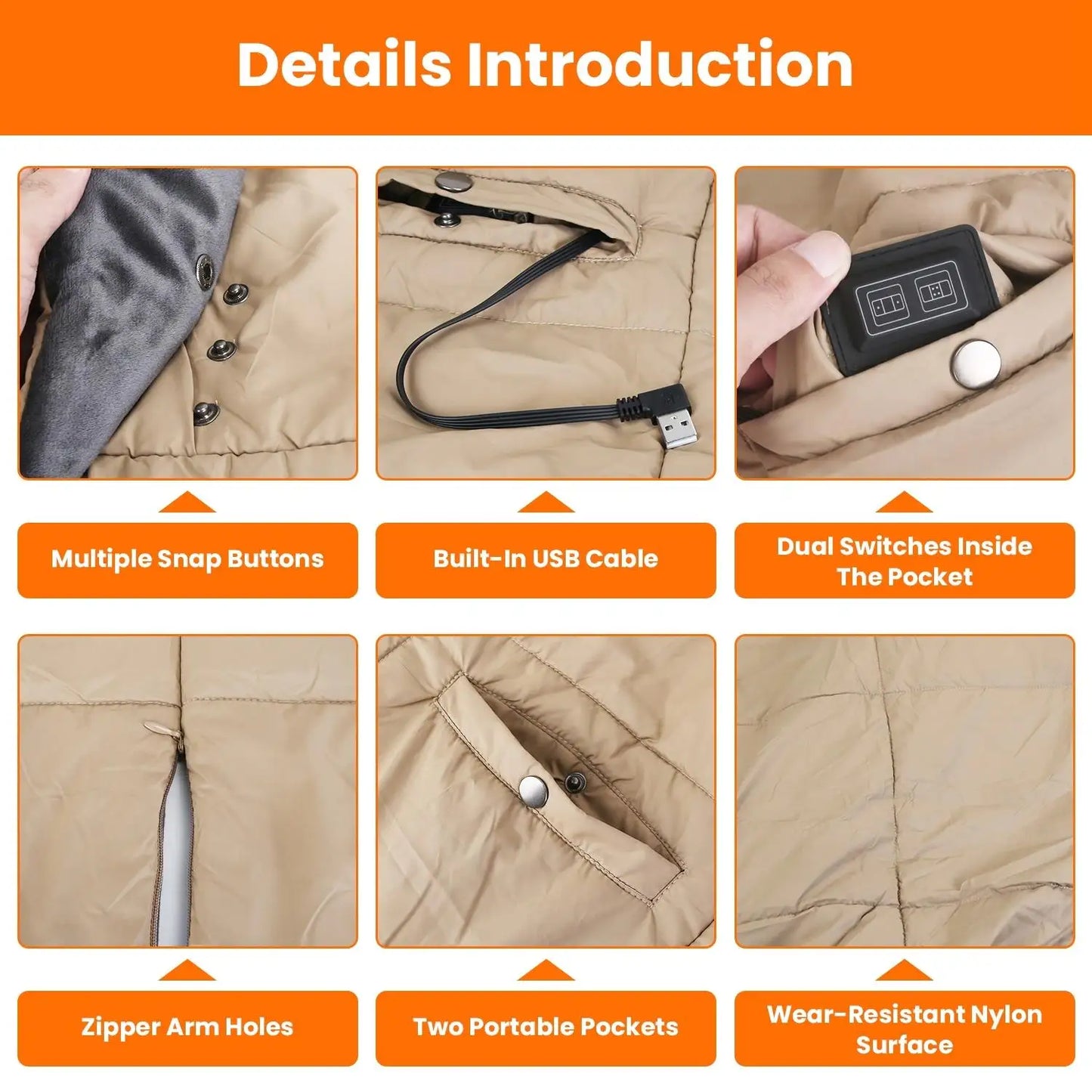 USB Heated Blanket Poncho with Zipper, Arm Pockets
