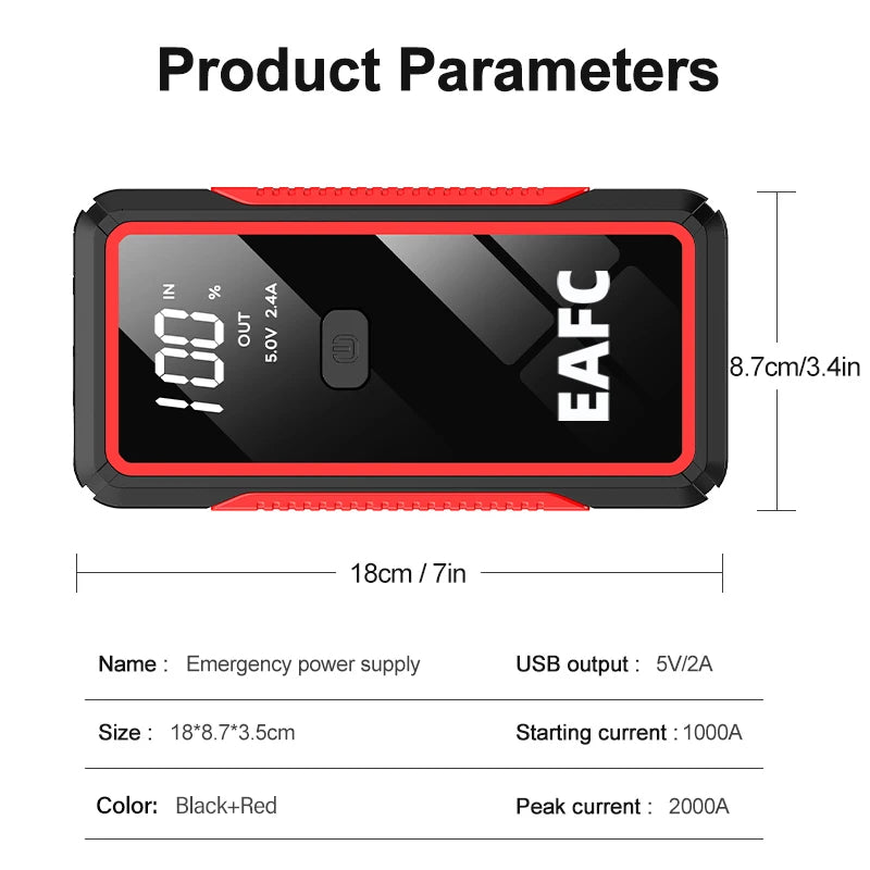 2000A Portable 12V Car Jump Starter with LED Light