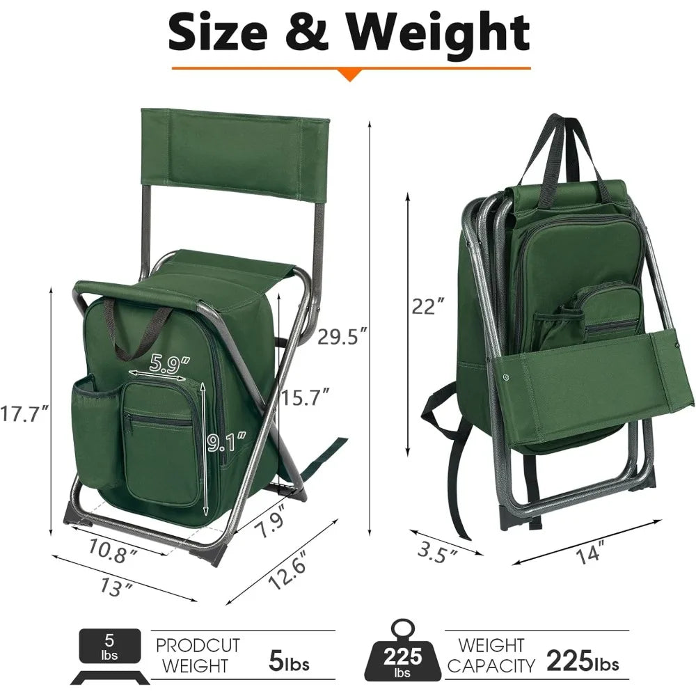 PORTAL Backpack Cooler Chair Fishing Chairs with Backrest Folding Camping Stool Compact for Outdoors Hiking Hunting Travel