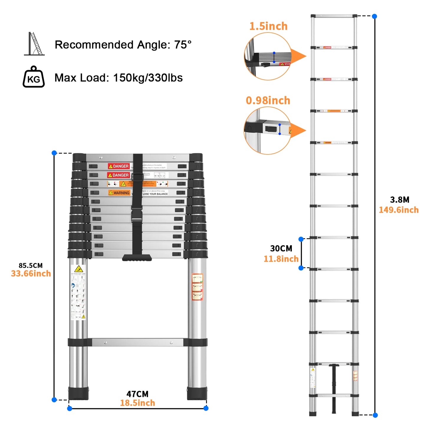 Convenient Extendable Stainless Steel Telescopic Ladder