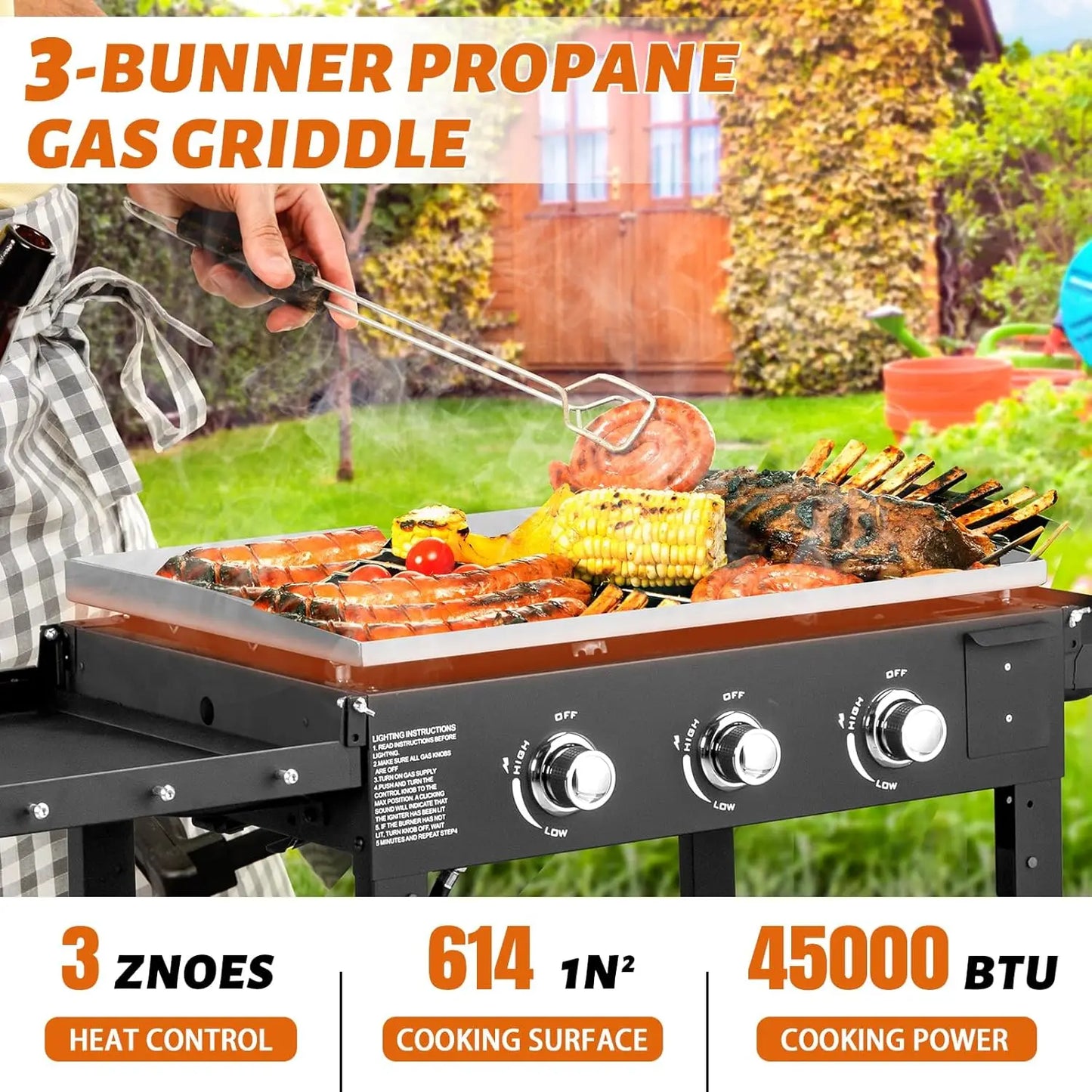 3 Burner Portable Outdoor Griddle Station with Folding Legs