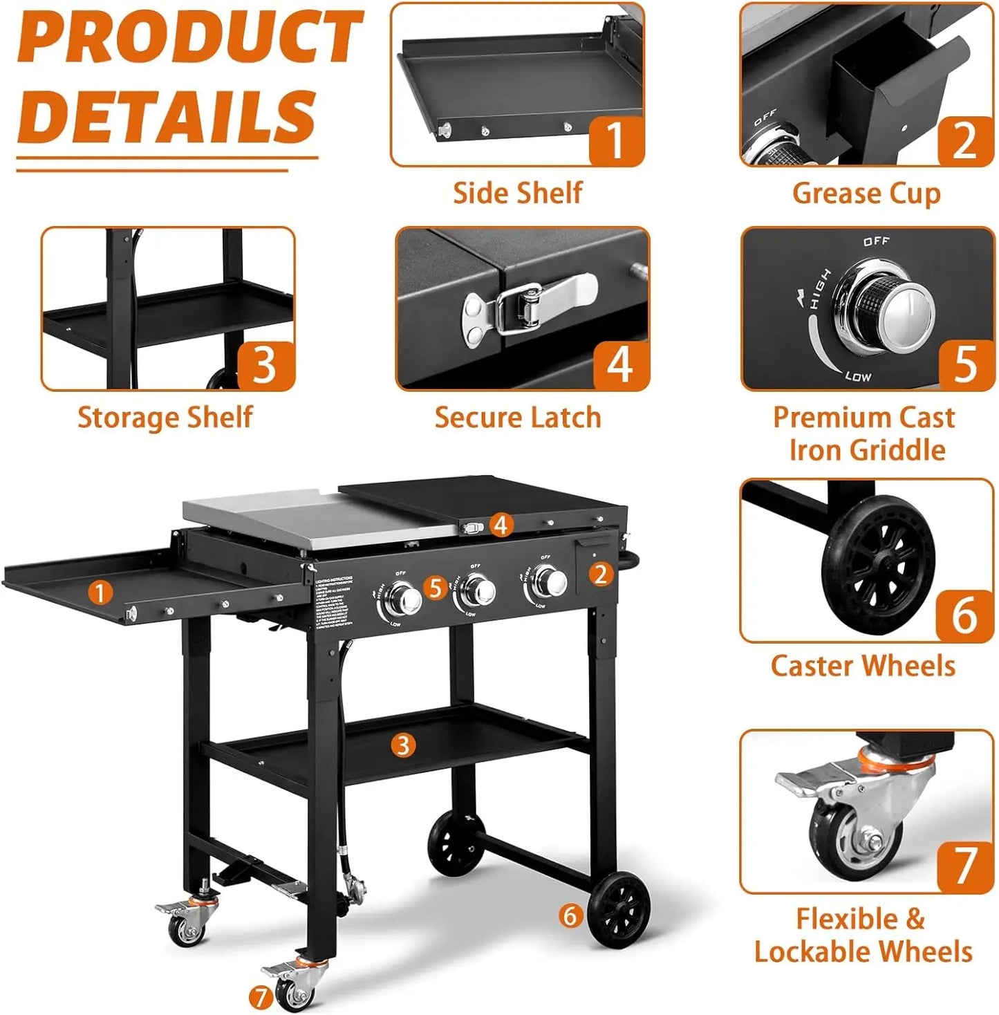 3 Burner Portable Outdoor Griddle Station with Folding Legs