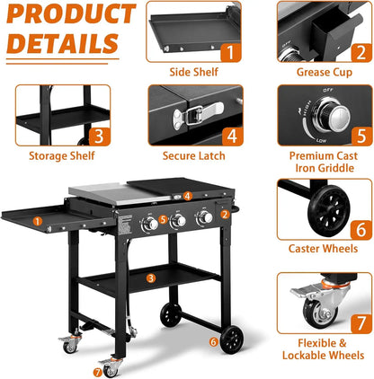 3 Burner Portable Outdoor Griddle Station with Folding Legs