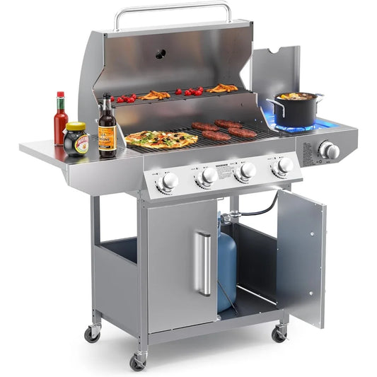 Stainless Steel Gas BBQ Grill with Side Burner & Porcelain-Enameled Cast Iron Grates