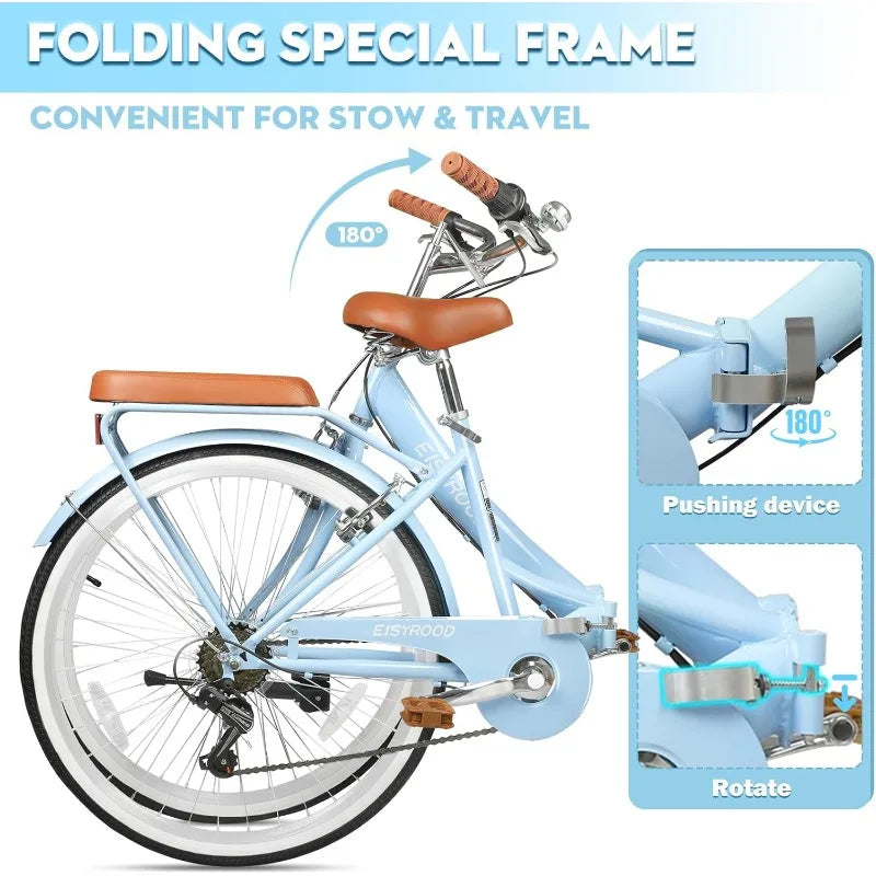 26 Inch Folding 7-Speed Ladies Beach Cruiser Bike with Basket & Rack