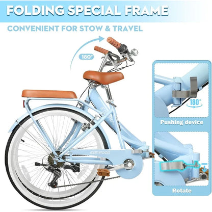 26 Inch Folding 7-Speed Ladies Beach Cruiser Bike with Basket & Rack