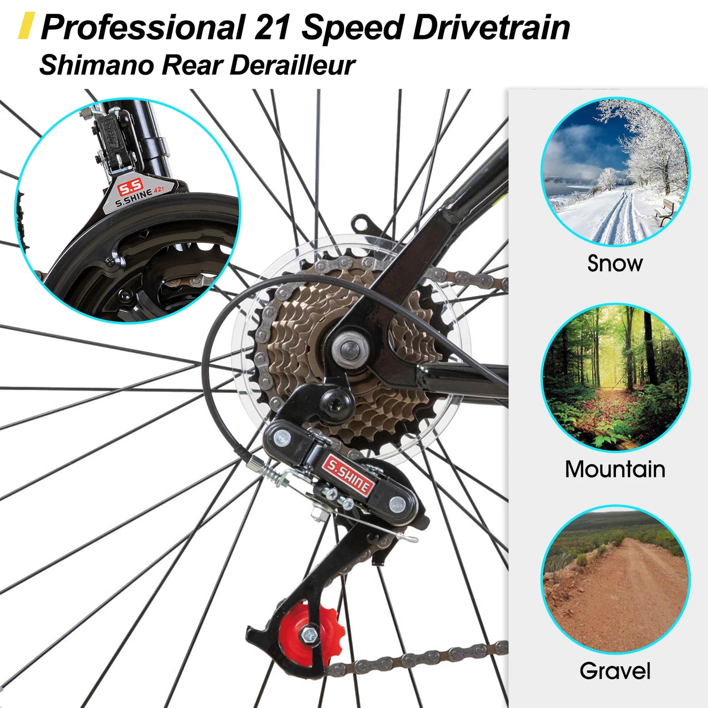 Mountain Bike for Men Women, 21 Speeds High-Carbon Steel Frame