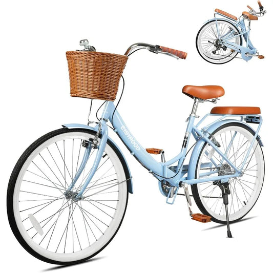 26 Inch Folding 7-Speed Ladies Beach Cruiser Bike with Basket & Rack