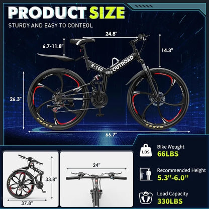 26 Inch 21 Speed Full Suspension Folding Mountain Bike